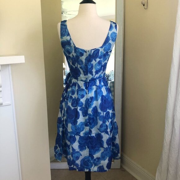 Vintage 60s Party Cocktail Sheath Dress Small Blue Floral Chiffon Swing Mad Men - Picture 4 of 13